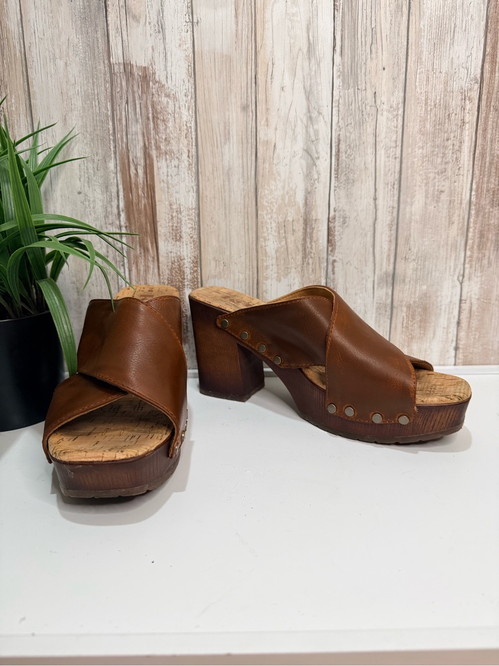 Korks Lynda Leather Platform Slide Sandals Cork Footbed Block Heel Brown 7